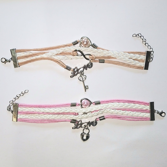 Set Friendship Love Key Lock Infinity Pearl Layer Charm Bracelet Adjustable Pink - Picture 4 of 8